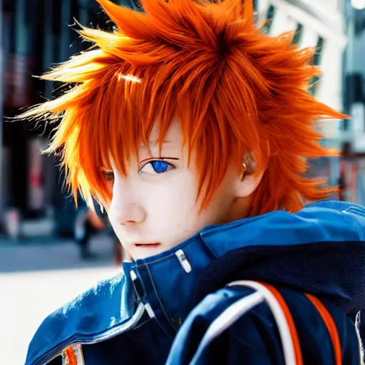 Image similar to orange - haired anime boy, 1 7 - year - old anime boy with wild spiky hair, wearing blue jacket, shibuya street, bright sunshine, strong lighting, strong shadows, vivid hues, sharp details, subsurface scattering, intricate details, hd anime, anime movie, 2 0 2 1 anime