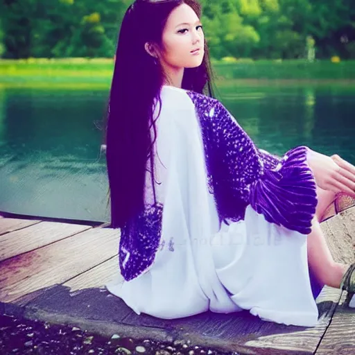 Prompt: elegant princess sitting by a lake, purple eyes, anime style, award winning art