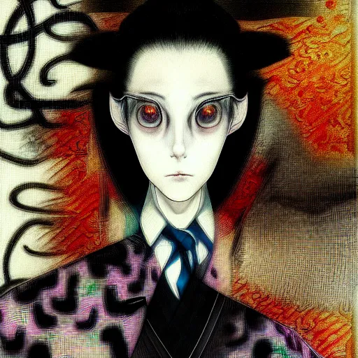 Image similar to yoshitaka amano blurred and dreamy realistic three quarter angle portrait of a woman with white hair and black eyes wearing dress suit with tie, junji ito abstract patterns in the background, satoshi kon anime, noisy film grain effect, highly detailed, renaissance oil painting, weird portrait angle, blurred lost edges