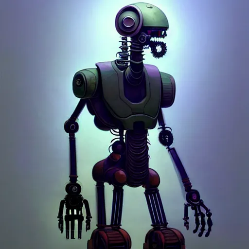 Image similar to detailed concept art of a diesel punk robot in an empty room in a muted color palette, trending on artstation, award - winning video game concept art by jim burns and greg rutkowski, beksinski, a sci - fi concept art masterpiece, james gilleard, bruegel, alphonse mucha, and yoshitaka amano.