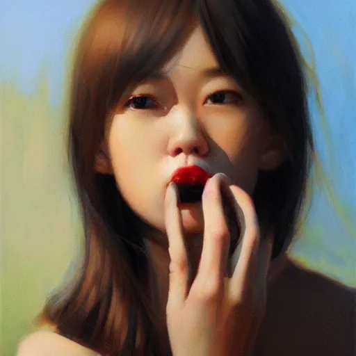 Prompt: oil painting by ilya kuvshinov,, baugh casey, rhads, coby whitmore, of a youthful japanese beauty, long hair, popsicle in mouth, outdoors, highly detailed, breathtaking face, studio photography, dawn, intense subsurface scattering, blush, supple look, innocence, intense sunlight