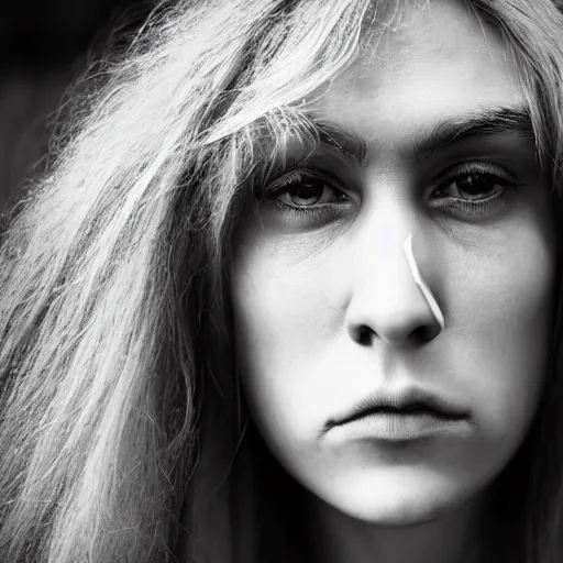 Prompt: minimalist photography portrait of a neanderthal woman, symmetrical, super close up, mid thirties, cute round slanted eyes, caucasian, wide nostrils, high cheekbones, high flat eyebrows, angelic, ethereal essence, leica 1 0 0 mm f 0. 8