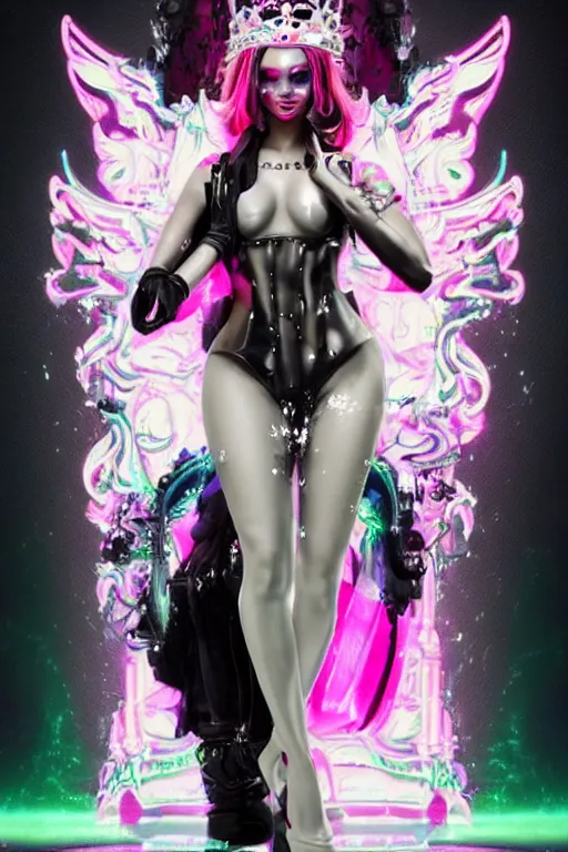 Image similar to full-body rococo and cyberpunk style neon statue of a seductive attractive Spanish android sin ropa in a macho heroic pose, bem dotado, piroca, pecho peludo, ethereal white dripping tar, glowing orange lasers, pink tigers, glowing eyes, silver prince crown, black gears, pink diamonds, swirling mint-colored silk fabric. futuristic elements. full-length view. human skulls. large intricate artwork by caravaggio. trending on cgsociety, trending on artstation, octane render, cinematic lighting from the right, hyper realism, octane render, 8k, depth of field, 3D