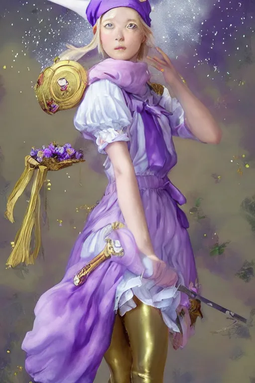 Image similar to Full View fairy maiden with short blond hair wearing an oversized purple Beret, Baggy Purple overall shorts, Short Puffy pants made of silk, silk shoes, a big billowy scarf, Golden Ribbon, and white leggings Covered in stars. covered in embroidery. Short Hair. peasant magic. masterpiece 4k digital illustration by Ruan Jia and Mandy Jurgens and Artgerm and william-adolphe bouguereau, award winning, Artstation, art nouveau aesthetic, Alphonse Mucha background, intricate details, realistic, panoramic view, Hyperdetailed, 8k resolution, intricate art nouveau