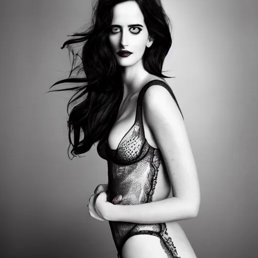 Image similar to Eva Green modeling for Victoria Secret, (Sony a7R IV, symmetric balance, polarizing filter, HDR, staggered depth)