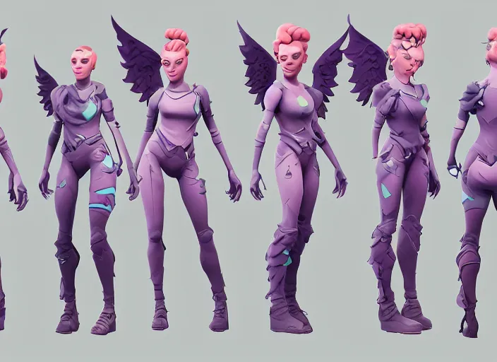 Image similar to character design sheet illustrated by Sam Werczler , fortnite game , a female with wings ,angels from heaven, suit