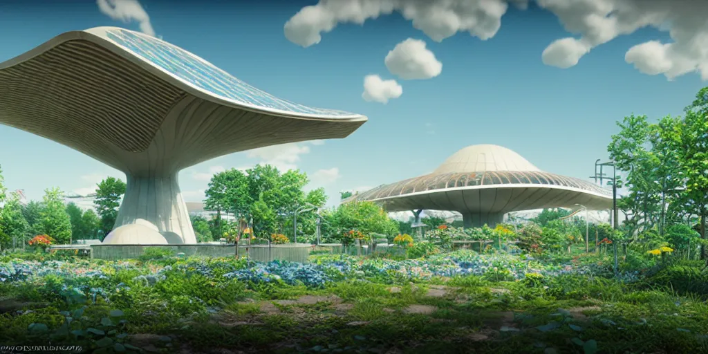 Image similar to montreal expo 6 7 pavillion, solarpunk, studio ghibli, jean - baptiste monge, octane render, 4 k, symmetry