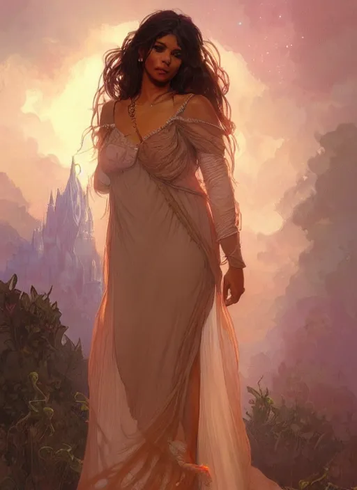 Image similar to cute brown woman wearing a transparent night gown, fantasy, intricate, highly detailed, digital painting, artstation, concept art, wallpaper, smooth, sharp focus, illustration, art by artgerm and greg rutkowski and alphonse mucha