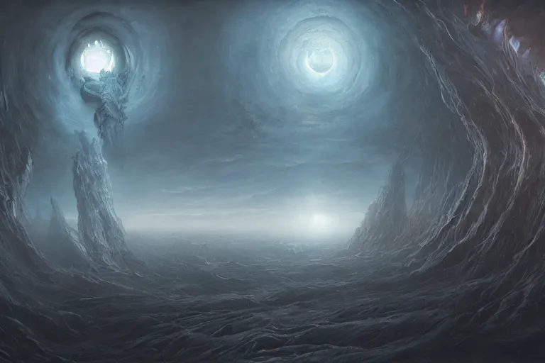 Image similar to maelstrom, gehenna, chaos, vortex of the abyss, the world without form and void, amazing concept painting by Jessica Rossier and HR giger and Beksinski