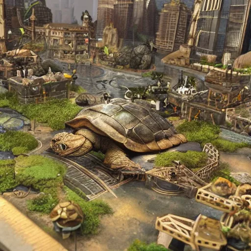 Image similar to fantasy city on a giant tortoise's back while the tortoise walks through a wasteland. The city has streets and markets, Realistic. Hyper detailed.