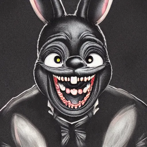 Image similar to A extremely highly detailed majestic hi-res beautiful, highly detailed head and shoulders portrait of a scary terrifying, horrifying, creepy maniacal crazy black cartoon rabbit with scary big eyes, earing a shirt laughing maniacally , let's be friends, in the style of Walt Disney