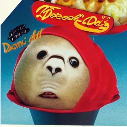 Image similar to 1990s McDonald's advertisement for a baby seal disguised as a loaded baked potato with Danny DeVito