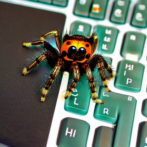 Image similar to a jumping spider, using a computer keyboard, by pixar, macro lens, iridescent