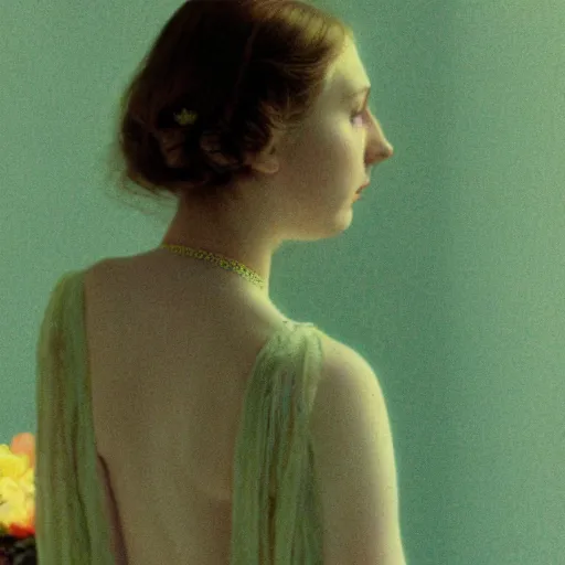 Image similar to close - up of a beautiful flowery girl in a liminal room, film still by wes anderson, depicted by balthus, limited color palette, very intricate, art nouveau, highly detailed, lights by hopper, soft pastel colors, minimalist