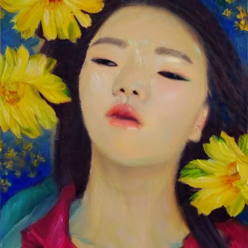 Image similar to beautiful highly detailed and expressive oil painting of a korean woman's face dissolving into petals, masterpiece, dynamic lighting, atmospheric