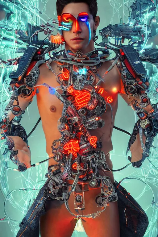 Image similar to full-body cyberpunk style sculpture of a young handsome Colombian prince half android with a chest opening exposing circuitry and electric sparks, glowing pink eyes, crown of blue flowers, flowing salmon-colored silk, fabric, raptors. baroque elements. full-length view. baroque element. intricate artwork by caravaggio. many many birds birds on background. Trending on artstation, octane render, cinematic lighting from the right, hyper realism, octane render, 8k, depth of field, 3D