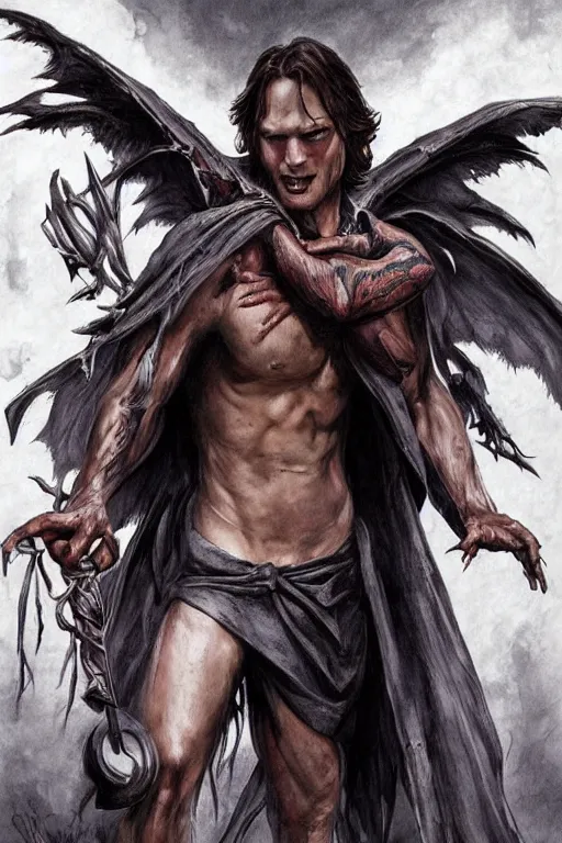 Image similar to front portrait of attractive sam winchester as a vampire with long fangs, wings wide open, clothes torn apart, muscular chest tattooed with runes and symbols, d & d!, fantasy style, sharp focus!, ultra detailed, art by artgerm and peter andrew jones, wlop