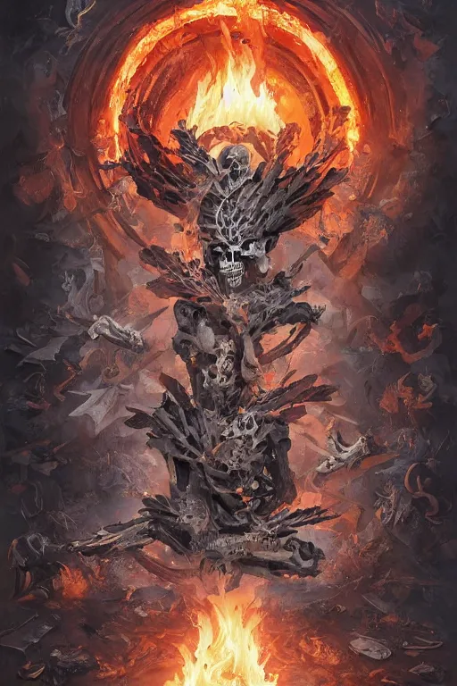 Image similar to skeleton burning in divine holy flame spell scroll art by artgerm and greg rutkowski and Craig Mullins, James Jean, Andrey Ryabovichev, Mark Simonetti and Peter Morbacher 16k