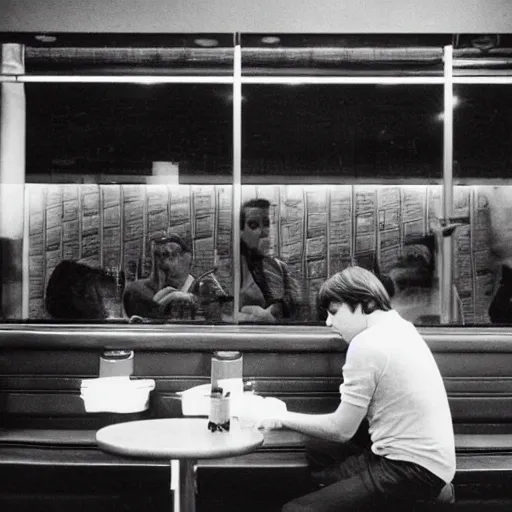 Prompt: a photo of paul mccartney, seen from a distance, playing guitar in the corner of a mcdonald's restaurants, being ignored by customers