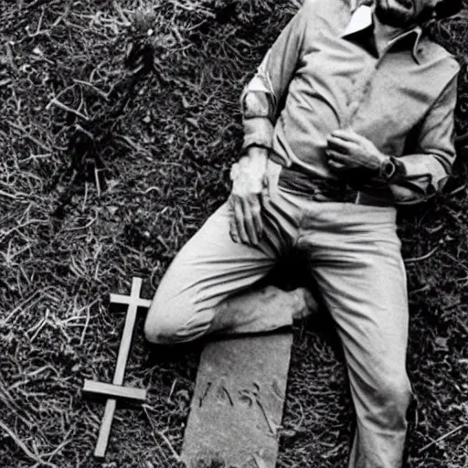 Image similar to Jordan Peterson laying in an open grave with a cross made of broken wood. He’s laughing. Photograph from horror movie 1980s.