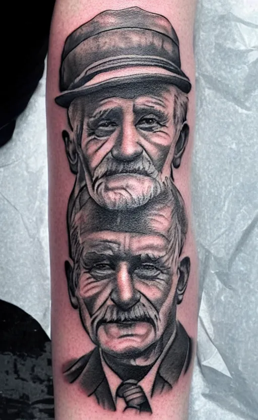 Image similar to a tattoo of an old man wearing a hat on top of a tower, ultra detailed, tattoo, 8 k