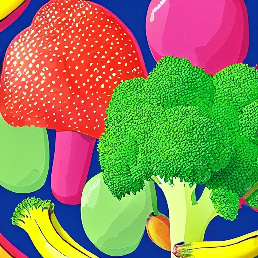 Image similar to dancing fruit, broccoli, banana, they are dancing, children illustration, 2D