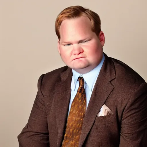 Prompt: Andy Richter wearing a brown suit and necktie kneeling on both knees with a pleading look on his face.