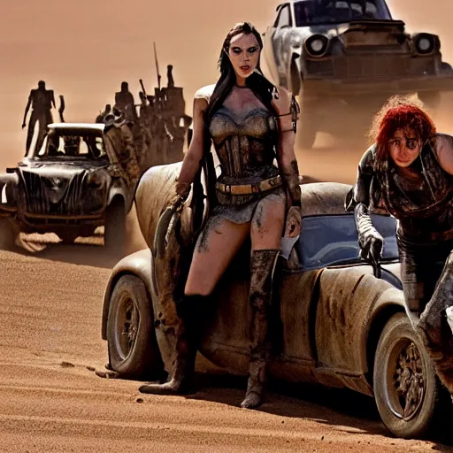 Image similar to a film still from the movie mad max fury road of the anthropomorphic cheetah raiders driving around in the post apocalyptic wasteland gal gadot