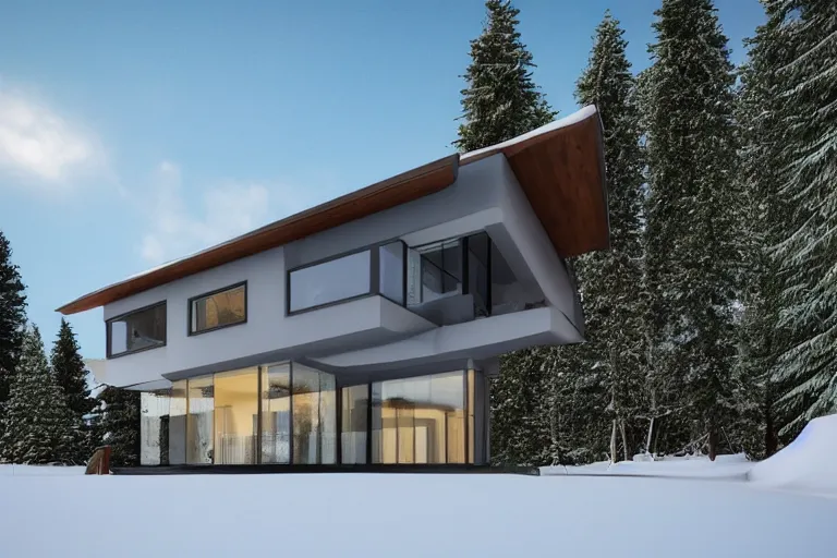 Image similar to modern modern fachwerk house with in the forest on the foot of Elbrus mountain covered by snow on the background, architecture, 3d render 8k , high details