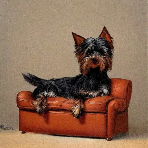 Prompt: an old happy brown and gray Yorkshire terrier dog lounging in a leather chair, long hair, extremely detailed masterpiece, illustration, by Michael Sowa,