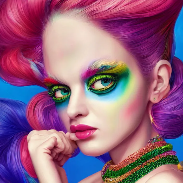 Prompt: a portrait of a stunning woman with rainbow hair in gucci, bright colors highly detailed, ultra realistic digital painting, rococo, japonisme, artstation, concept art, pop, smooth, sharp focus, illustration, art by mark ryden 3 d 8 k ultra detailed