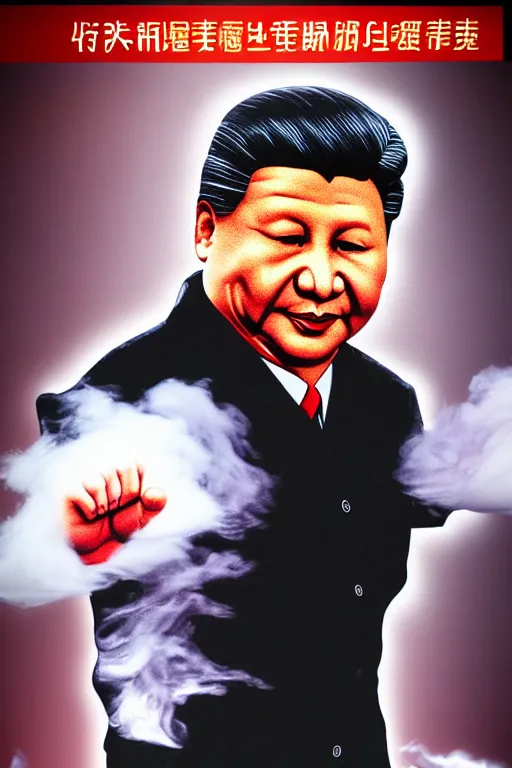 Image similar to detailed illustration, xi jinping as a 1 9 8 0 s wrestling action figure, 习 近 平, ultra realistic, dramatic lighting, thick black swirling smoke tornado, artstation