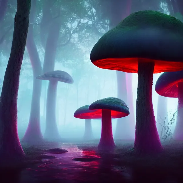 Image similar to a misty swamp with giant mushrooms, at night, beautiful lighting, mystical colors, octane, 4 k, trending on artstation