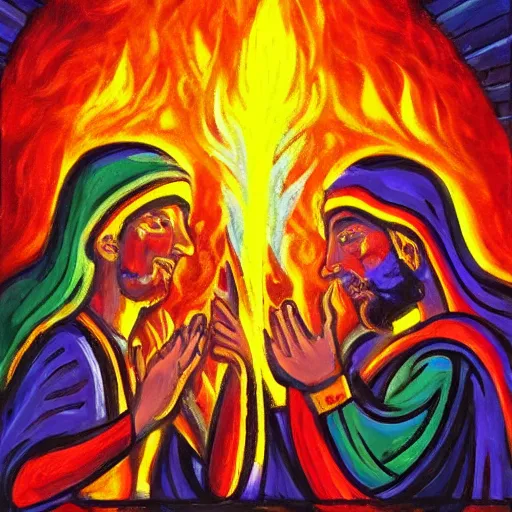 Prompt: artists rendition of a holy bond made in fire before the temple of god, oil paint, bright colors, sharp focus, thick paint, thick brush