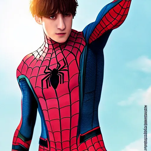 Image similar to Jungkook as Spider-Man by wlop, jean giraud, artgerm, cinematic, marvel film shot dramatic,