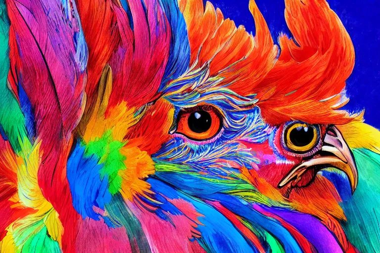 Image similar to illustration of a rooster with feathers of many colors, by liam cobb, lively colors, portrait, sharp focus, colored feathers