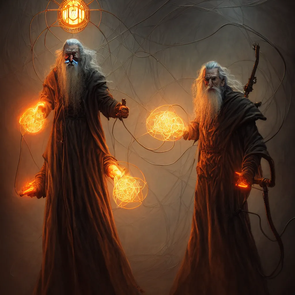 Prompt: biohazard! portrait of gandalf, tesla coils!!, dieselpunk dark omnious atmosphere au naturel, hyper detailed, digital art, trending in artstation, cinematic lighting, studio quality, smooth render, unreal engine 5 rendered, octane rendered, art style by klimt and nixeu and ian sprigger and wlop and krenz cushart