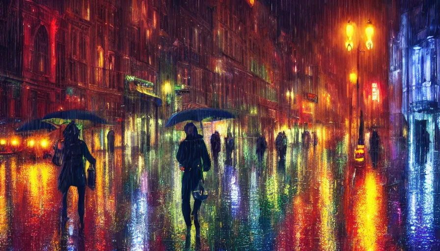 Image similar to brussels at rainy night, neons, lights, wet ground, people with umbrellas, hyperdetailed, artstation, cgsociety, 8 k