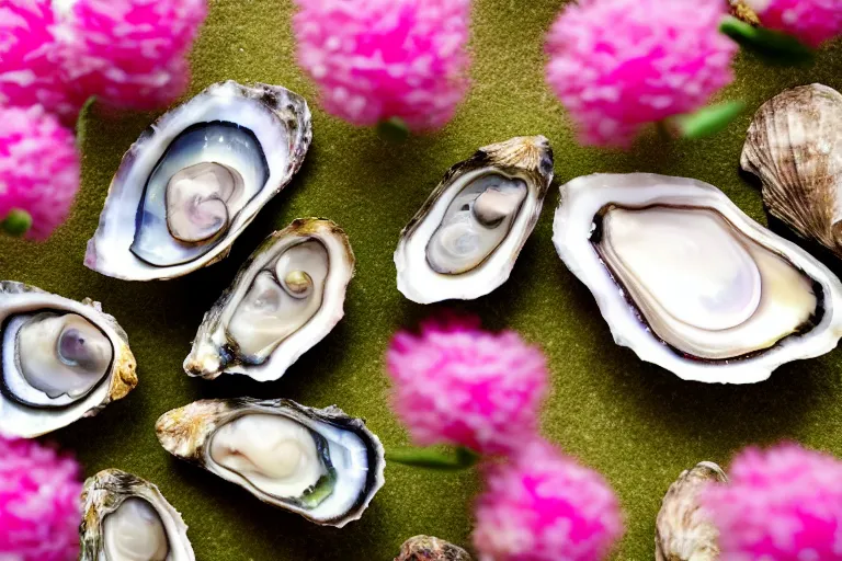 Image similar to a romantic dlsr photoportrait of the very beautiful oyster in the field of flowers. pastel colors, blurred background. sharp focus on the oyster, 5 0 mm lens, professional light, aerial shot from the drone