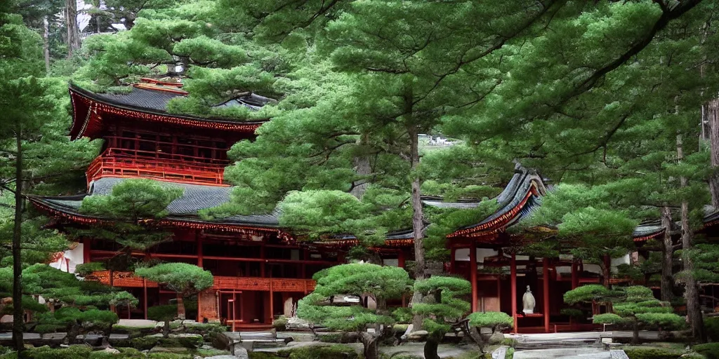 Prompt: a beautiful Zen Buddhist Forest Temple by Tomomi Abe