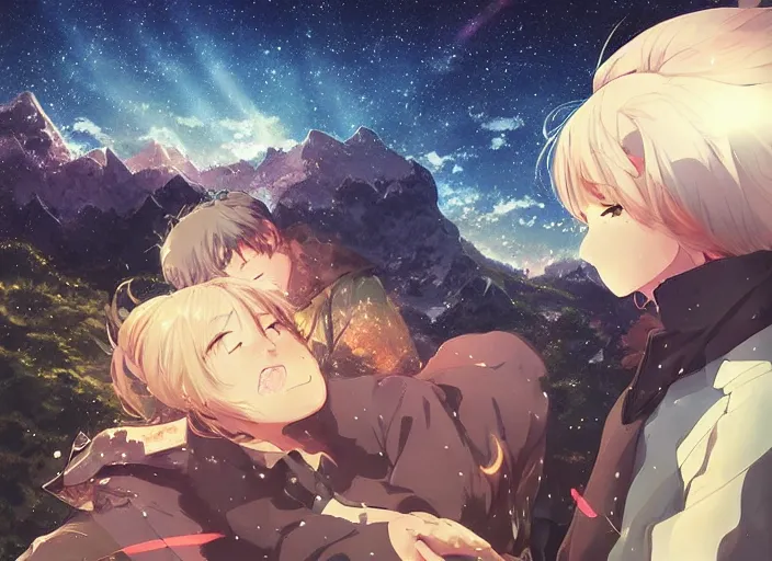 Image similar to watching the stars at night, on a mountain, by wlop, anime key visual, poster