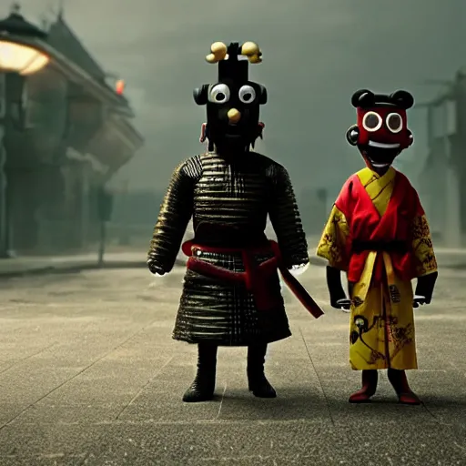 Image similar to scary Godlike masked and helmeted samurai in the style of Wallace and Gromit , IMAX , award winning , post processing , suspenseful , masterpiece , octane rendered