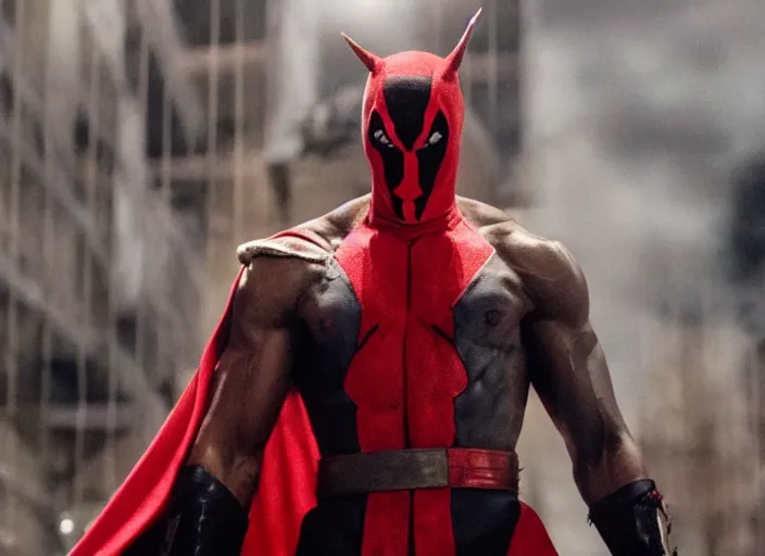 Image similar to film still of michael b jordan as spawn in the new spawn movie, giant chains, large cape, 8 k