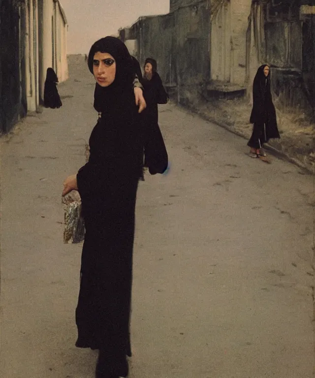 Image similar to a color photograph of persian young woman in the streets, by nan goldin, out of place, intense, bold, exaggerated, over proportion, painted over by andrew wyeth, hyperrealistic, ultra sharp, extra details, ultra high quality,