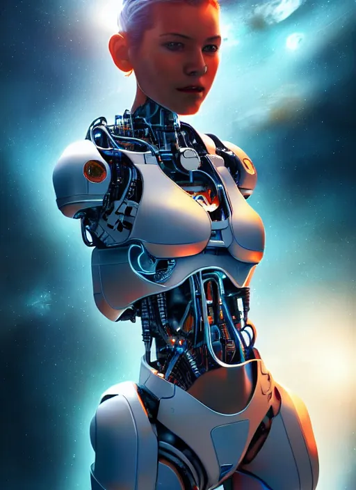 Image similar to photo of a cyborg girl on a space ship, in the style of stefan kostic, realistic, professionally, professionally color graded, half body shot, sharp focus, 8 k high definition, insanely detailed, intricate, elegant, art by stanley lau and artgerm