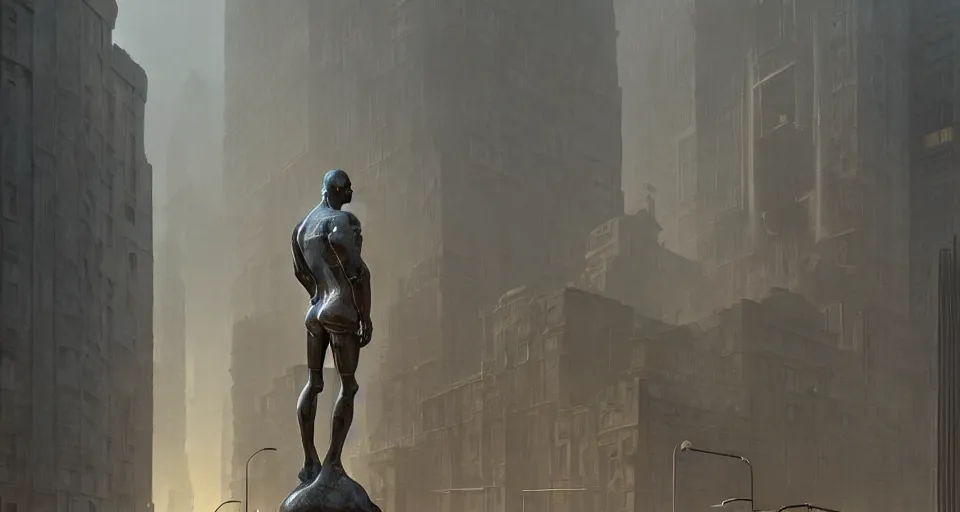 Image similar to cyborg bronze statue stands in the city center. art deco architecture. photorealism, soft light, morning. by greg rutkowski, frank lloyd wright, shaun tan. hyperrealism, dusty, moody, high detail, artstation, digital painting, unreal engine, tonal color scheme.