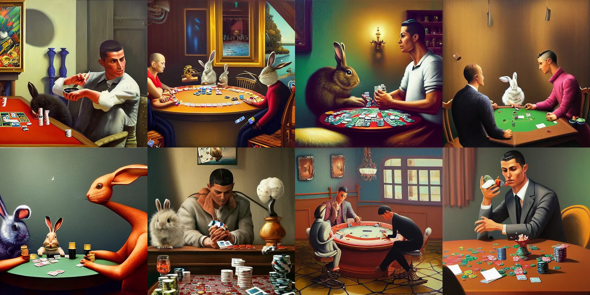 Prompt: hyper detailed 3d render like a Oil painting - Cristiano Ronaldo playing poker with a bunny by Jacek Yerka, Mariusz Lewandowski, Houdini algorithmic generative render, Abstract brush strokes, Masterpiece, Edward Hopper and James Gilleard, Zdzislaw Beksinski, Mark Ryden, Wolfgang Lettl, hints of Yayoi Kasuma, octane render, 8k