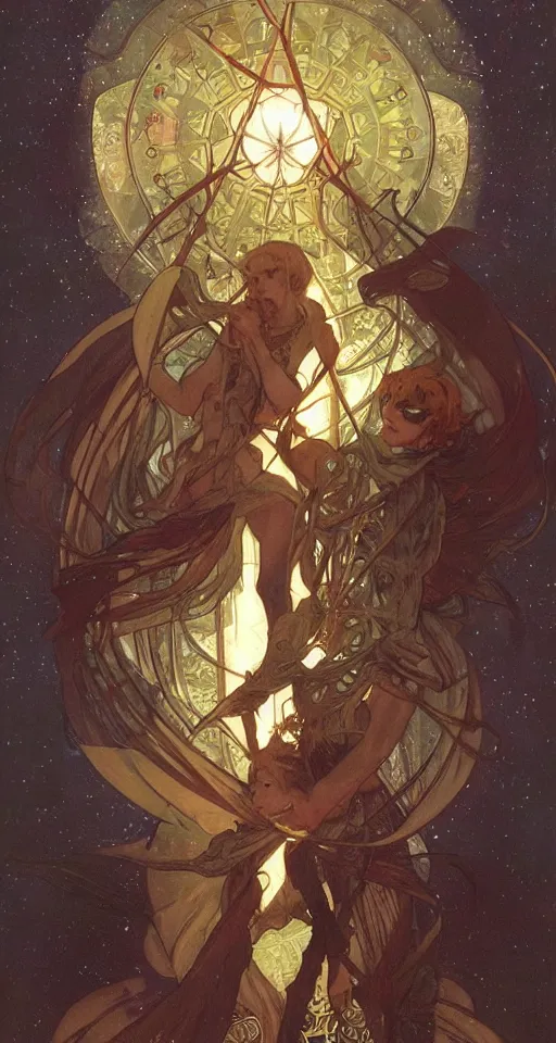 Image similar to the star tarot card with a male, the star tarot card with a male, the star tarot card with a male, elegant, dramatic lighting, graphic art, volumetric lighting, by Krenz Cushart and Artem Demura and Alphonse Mucha