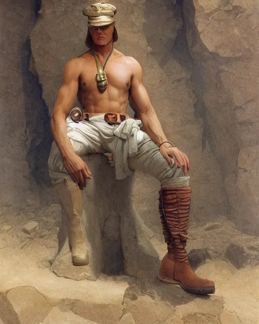 Image similar to doc savage in an egyptian tomb wearing jodhpers and knee high boots and no hat, fantasy character portrait, ultra realistic, concept art, intricate details, highly detailed by soft light, volumetric light, misty, william adolphe bouguereau, mucha, maxfield parrish