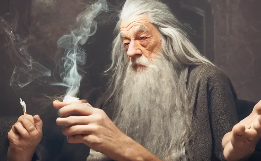 Image similar to a smartphone picture of stoned gandalf smoking a joint sitting on a couch in a night club,